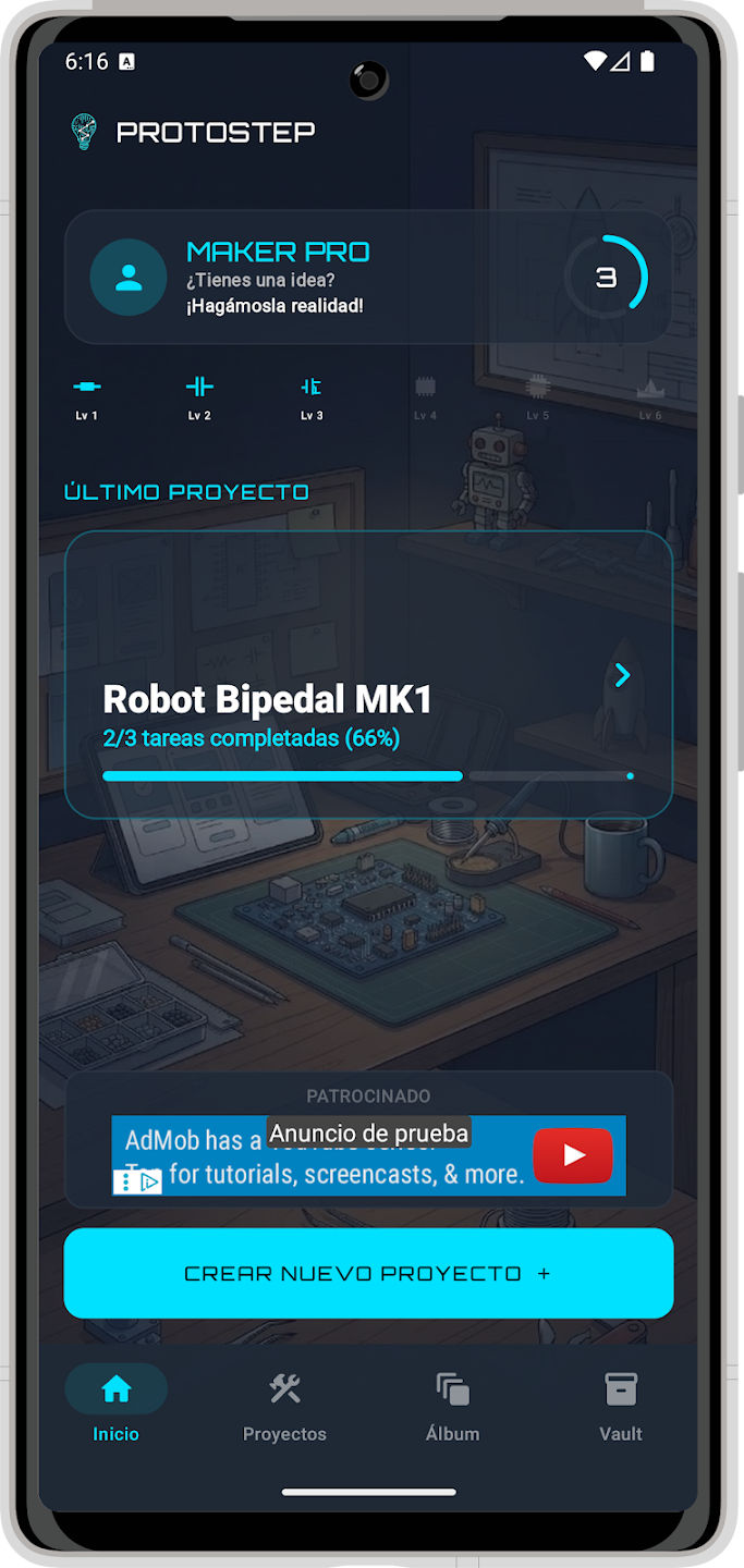 Panel principal de la app ProtoStep con estética neón cian y lista de proyectos